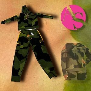 Ashley Stewart Camo Cold Shoulder Sweater & Jacquard Sweater Joggers Set Olive